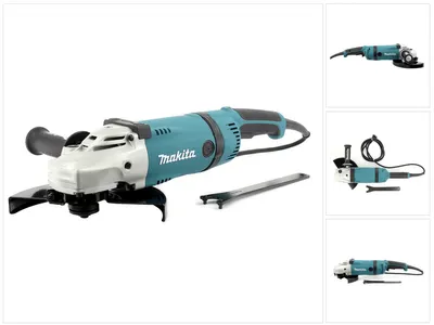 A Makita angle grinder is shown on a white background, with a separate image collage on the right showing different angles and accessories.