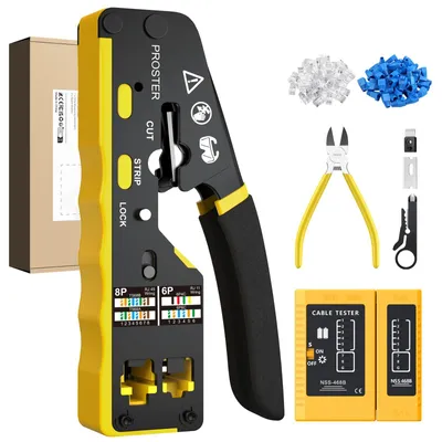 Image de Kit de pince à sertir RJ45 - 3 en 1, comprenant un testeur de câbles et 50 connecteurs