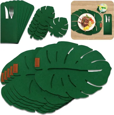 Produktbild von 18er Set Monstera Design Tischsets Abwaschbar Platzsets aus Filz, 6er Platzsets, 6er Glasuntersetzer, 6er Bestecktaschen, Grün Platzdeckchen Teller Untersetzer Filzset Filzmatte