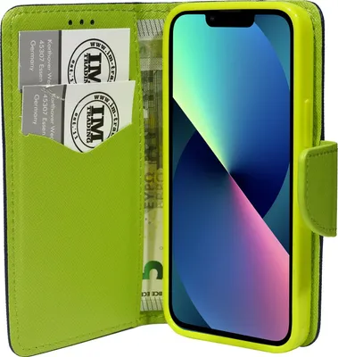 Immagine prodotto di cofi1453® Custodia a libro "Fancy" compatibile con iPhone 13 custodia per cellulare custodia protettiva con funzione di supporto, slot per schede blu-verde