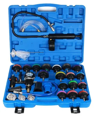 Image de Kit d'outils pour systèmes de refroidissement, 28 pièces : testeur de pression de radiateur et appareil de remplissage sous vide, kit de test d'étanchéité pneumatique, universel pour voitures et camions