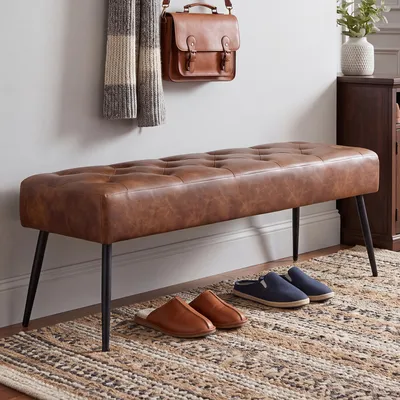 Productafbeelding van Bank met fluweel en kunstleer, gestoffeerde bank, make-up krukje, make-up tafel. Kleurkeuze, kleur: oranje-bruin, materiaal: kunstleer