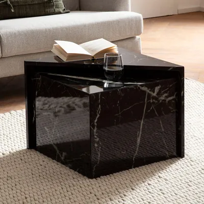 Image de Lot de 2 tables basses FineBuy MONOBLOC, table basse brillante aspect marbre noir, table d'appoint carrée, table de salon emboîtable, salon