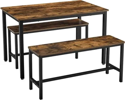 Produktbild von VASAGLE Esstisch, Küchentisch-Set, 110 x 70 x 75 cm, mit 2 Bänken je 97 x 30 x 50 cm, Metallgestell, für Küche, Wohnzimmer, Esszimmer, Industriedesign