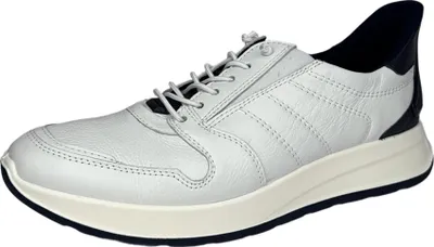 A white leather sneaker with a black heel accent and a white sole is shown against a white background.