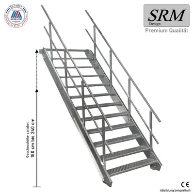 Immagine prodotto di scala in acciaio a 12 gradini su entrambi i lati. Larghezza ringhiera 150 cm Altezza piano 180-240 cm