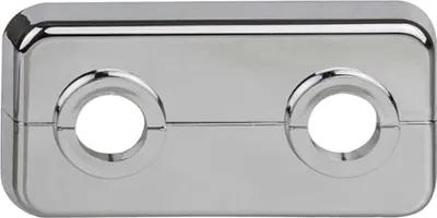 A chrome-plated double pipe clamp with two circular openings.