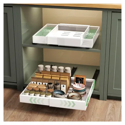 Produktbild von 2 stück Teleskopschublade,Ausziehbarer Schubladen küche, Einstellbare Breite 32-52cm,Tiefe 42cm mit Kleber,Kein Bohren,für Küche Pantry Organisation,küchenschrank Organizer weiß