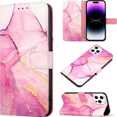 Produktbild von iPhone 15 Pro Max Hülle, Marmor Motiv Kunstleder Tasche Wallet Kartenfächer mit Standfunktion Klapp Schutzhülle für iPhone 15 Pro Max Rosa