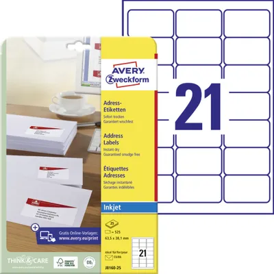 Produktbild von Avery Zweckform J8160-25 Adress-Etiketten, A4, 63,5 x 38,1 mm, 25 Bogen/525 Etiketten, weiß