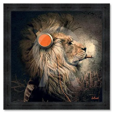 Image de Cadre en bois avec impression en PVC vernis "Lion Punk" - Noir - 100 x 100 cm - Collection Binet