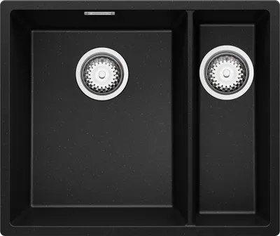 Produktbild von PRIMAGRAN Unterbauspüle Granit Schwarz Metallic 56x47cm, Spülbecken 1,5 Becken + Ablauf-Set, Granitspüle ab 60er Unterschrank - London Duo