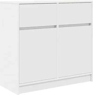 A white sideboard with two doors and a drawer is shown from a three-quarter angle against a white background.