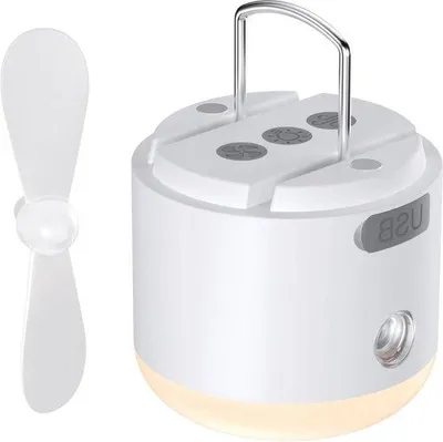 Produktbild von Camping-Lampe mit Ventilator und Feuchtigkeitsregler - Ladegeschwindigkeit - 4 Lichtmodi - 2 Windrichtungen - Hängeschnur