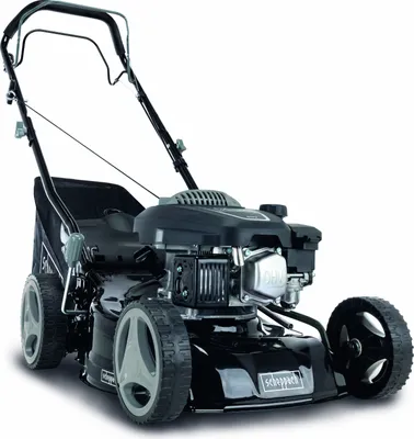 A black and gray gasoline-powered lawnmower is shown against a white background.