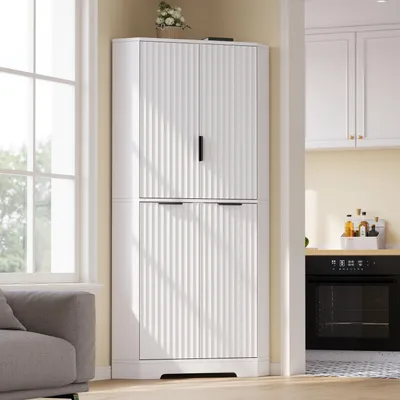 Produktbild von Flieks Eckschrank mit 4 Türen und verstellbaren Einlegeböden, Sideboard für Küche, Esszimmer und Wohnzimmer, Aufbewahrungsschrank 60x60x175cm, Weiß