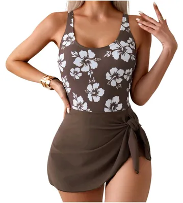 Produktbild von Einteiliges Badekleid - Schlankheits-Effekt - Figurformend - Hibiskus - Braun - L 40