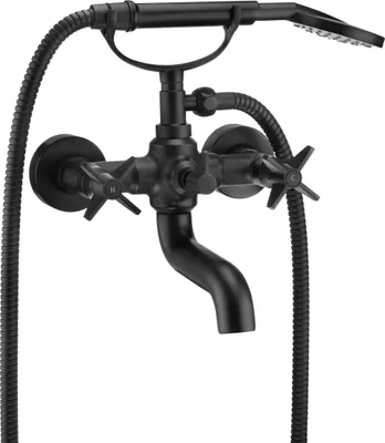 A black bathtub faucet with a showerhead and hose, mounted on a white background.