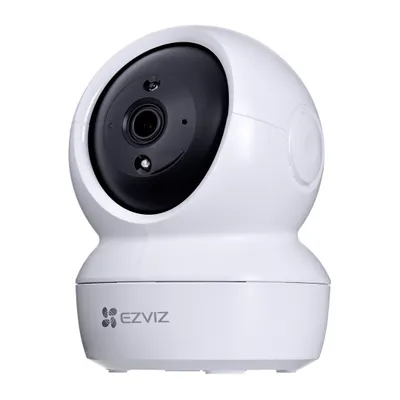 A white EZVIZ smart security camera with a black lens is shown against a white background.