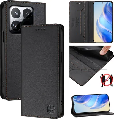 Obrázek produktu pro Kožené pouzdro pro Xiaomi 15T, flipové pouzdro s přihrádkami na karty, peněženkou a stojánkem Černý