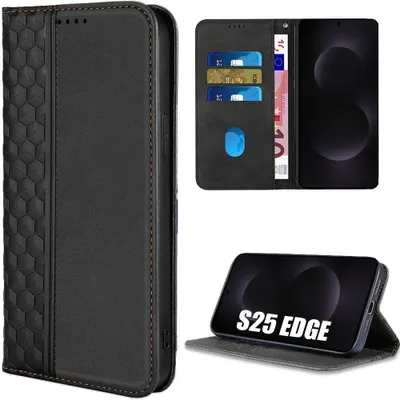 Image de Coque pour Samsung Galaxy S25 Edge, Protection Cuir Synthétique Fermeture Magnétique - Noir