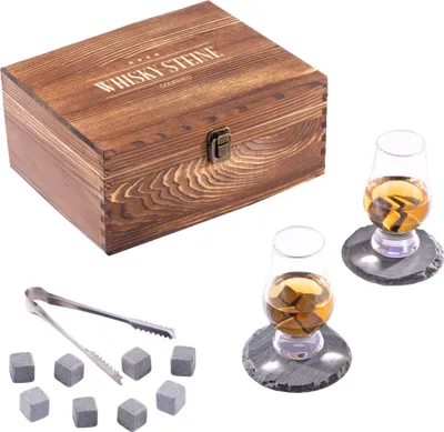 Produktbild von GOURMEO Whiskey Geschenk Set mit 8 Steine und 2 Tulpen-Gläser - Whiskey Steine Set Zubehör & Edelstahl Zange - Eiswürfel Whisky Steine wiederverwendbar - Geschenke für Männer