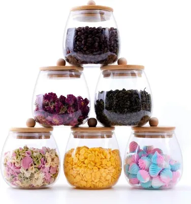 Produktbild von Runde Glas-Lebensmittelaufbewahrungsgläser mit Bambusdeckeln - 6-teiliges Set 20 oz
