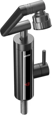 A studio shot of a black kitchen faucet with a digital display.