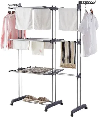 Zdjęcie produktu dla Uniqoos® Suszarka do ubrań stojąca, 3-poziomowa – matowa czerń, wysuwane belki do 150 cm, składana, 4 kółka, stabilna konstrukcja, waga: 6,66 kg