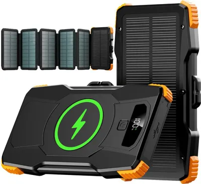 Produktbild von Externer Solarakku mit 6 Linomag®-Panels, Powerbank 10000 mAh, Typ-C-Ladefunktion, USB, Micro-USB, magnetisch, kabellos, integrierte Taschenlampe, wasserdicht, Schwarz/Orange