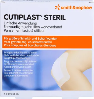 Produktbild von CUTIPLAST Steril Wundverband 10 cm x 8 cm Reimport ACA Müller, 5 St. Wundauflagen