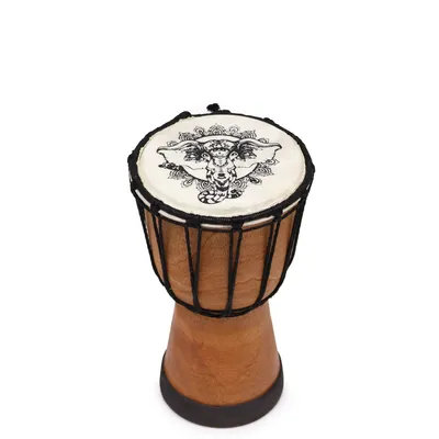 Produktbild von Handgefertigte Djembe-Trommel mit breiter Decke, Motiv "Elefant", 20cm