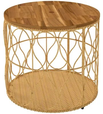 Obrázek produktu pro Venkovní přenosný stolek o průměru 50 cm, vyrobený z akáciového dřeva a ratanu | Barva: Teak | Rozměry: 50x50x47,5 cm
