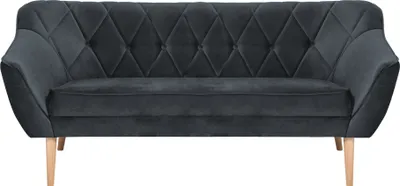 A dark gray fabric sofa with diamond tufting on the backrest and light wooden legs, presented against a white background.
