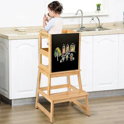 Produktbild von Unyqoos® Lernturm für Kinder aus Kiefernholz, 88×46×46 cm, mit Kreidetafel & Sicherheitsbügeln, 4 Antirutschfüßen, ab 18 Monaten, abnehmbarer Tritthocker bis 90 kg, natur