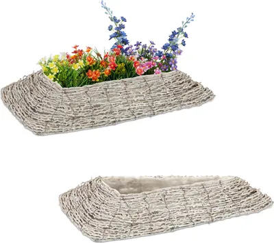 Produktbild von Relaxdays Blumentopf, 2er Set, Rattan, Pflanzentöpfe mit Folie, HBT: 10 x 55 x 25 cm, Pflanzkörbe für innen, weiß/natur