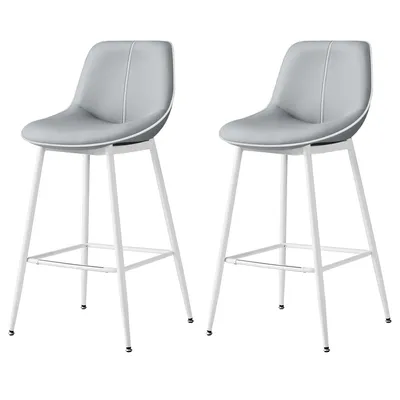 Two light gray bar stools with white legs are displayed against a white background.