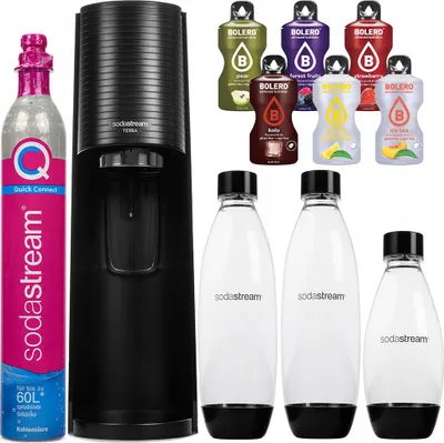 Produktbild von Sodastream Wassersprudler Terra Schwarz 3 Flaschen Bolero Kartusche Set