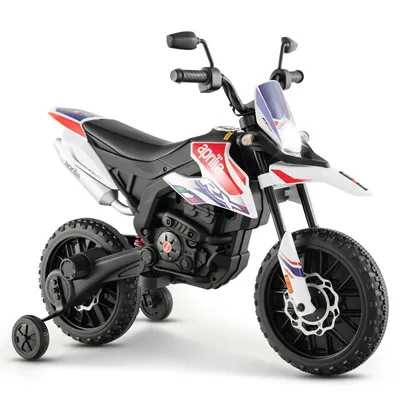 Produktbild von DREAMADE 12V Kinder Elektro-Motorrad, Aprilia lizensiertes Elektrisches Geländemotorrad mit Stützrädern, Federung, USB, ab 3 Jahren, bis 30kg belastbar (Weiß)