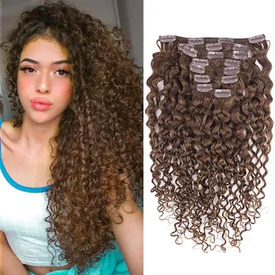 Obrázok produktu pre Clip-in vlasové extensiony, prírodné vlasy, kučeravé, 60 cm, 8 kusov, 120 g, tmavohnedé