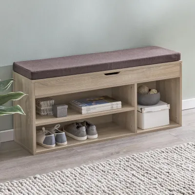 Produktbild von FineBuy Schuhbank Sonoma mit Sitzfläche Garderoben-Bank Holz 104 cm Holzbank klein gepolstert Sitzbank schmal Flur Stauraum Truhenbank Schuhtruhe