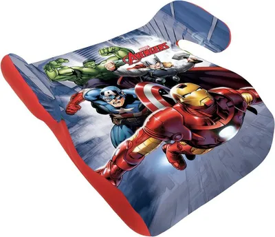 Produktbild von Tataway Marvel Avengers i-Size ECE R129/03 Sitzerhöhung. Kindersitzerhöhung für Kinder von 126 bis 150 cm Größe. Sitzerhöhung mit Superhelden-Grafiken, Kindersitz auf blauem Hintergrund.