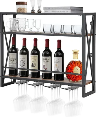 A wall-mounted wine rack with bottles, glasses, and decorative items.