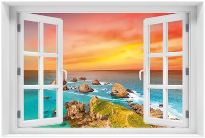Produktbild von Wallario Premium Glasbild mit Fensterrahmen, freischwebende Optik, kräftige Farben, Größe 60 x 90 cm Motiv Himmel am Abend