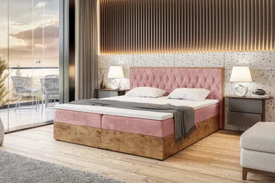 Produktbild von MEBLINI Boxspringbett mit Bettkasten - Gepolstert Doppelbett mit Matratze und Topper - Polsterbett mit Stauraum - Bett mit Kopfteil - Stauraumbett - LOFTY 6 - 180x200 - H4/Rosa Samt