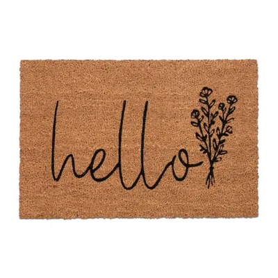 Immagine prodotto di Zerbino Relaxdays in fibra di cocco, scritta "Hello", 60x40 cm, motivo floreale, per interni ed esterni, antiscivolo, colore naturale/nero