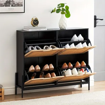 Image de Meuble à chaussures - Rangement à chaussures - Étagère à chaussures - Banc à chaussures - Meuble d'entrée - Autoportant - Rotin naturel