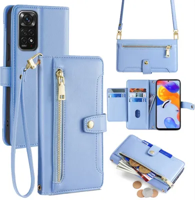 Produktbild von Handykette Xiaomi Hülle mit Band Handyhülle Kartenfächer Kunstleder Umhängetasche Redmi Note 11 / 11S 4G Hellblau