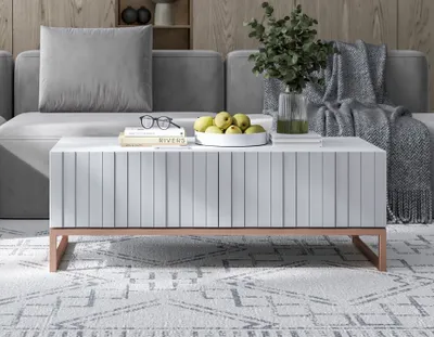 Produktbild von Couchtisch Glamour Kaffeetisch Elpis Modern Lindner Möbel 110cm x 54cm x 39cm Farbe: Weiß matt Rahmen: Kupferfarbig – Metall