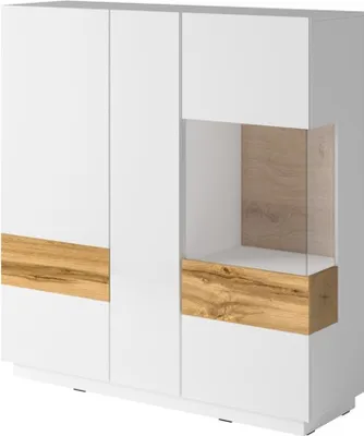 Image de Buffet haut KILES trois portes. Coloris blanc et chêne. Style design